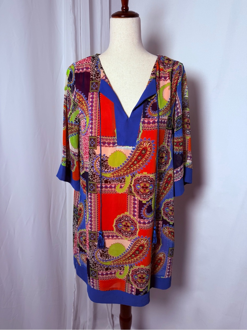 Umgee USA Patchwork Paisley Tunic Dress Blue Orange Medallion Boho Medium